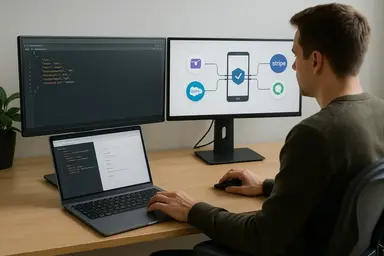 Un homme travaille devant deux écrans d'ordinateur affichant du code et des diagrammes.