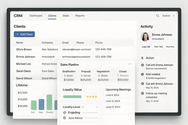 Une capture d'écran d'un tableau de bord de gestion des clients CRM.