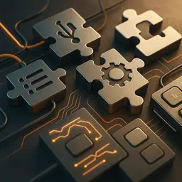 Des pièces de puzzle en métal sur un circuit imprimé, représentant l'intégration de systèmes.