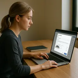 Une femme saisit des données sur un ordinateur portable.