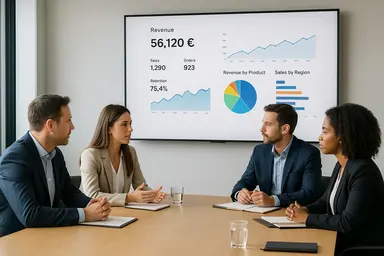 Quatre personnes discutant autour d'une table de conférence, devant un écran affichant des graphiques.