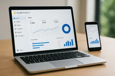 Un ordinateur portable et un téléphone affichant des graphiques de données Google Analytics.