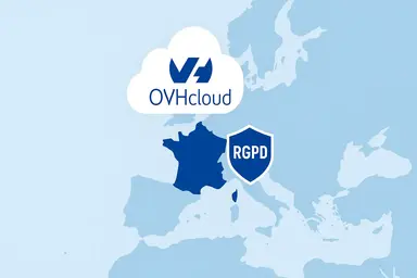 Une carte de l'Europe avec OVHcloud et le bouclier RGPD.