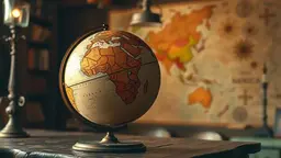 Un globe terrestre vintage sur une table, avec une carte murale à l'arrière-plan.