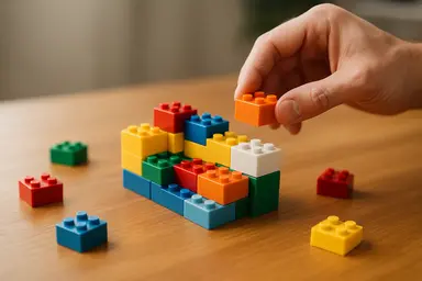 Une main construisant une structure en briques de jeu colorées.