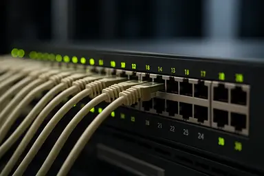 Un commutateur réseau avec de nombreux câbles Ethernet branchés.