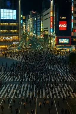 Le carrefour animé de Shibuya à Tokyo la nuit avec des foules.