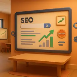 Une illustration 3D d'un écran affichant des graphiques de référencement (SEO).