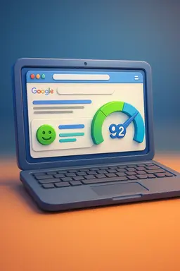 Une illustration 3D d'un ordinateur portable affichant une page Google Pagespeed Insights.