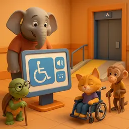 Une illustration d'animaux utilisant des aménagements pour personnes handicapées.