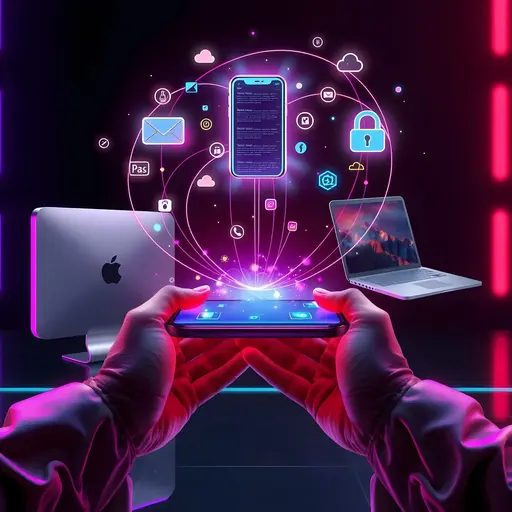 Deux mains tiennent un smartphone projetant hologramme d'icônes d'applications connectées.
