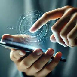 Doigt touchant l'écran de smartphone avec interface circulaire digitale.